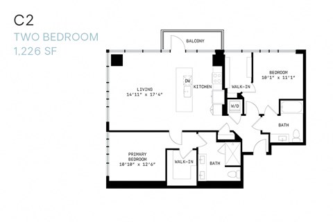 Floor plan for 2 beds, 2 baths, 1226 sqft